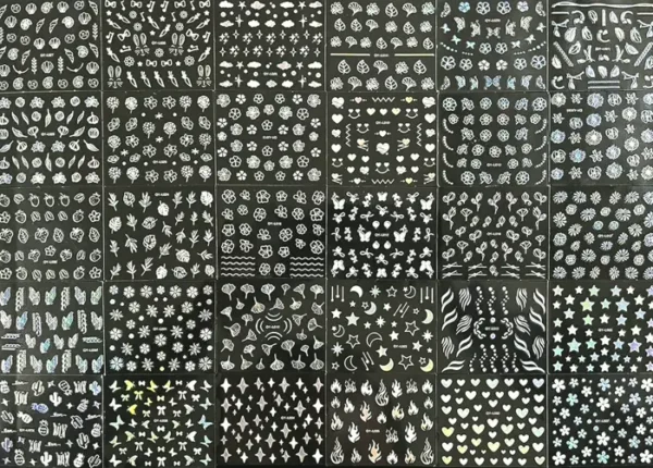 Thirty Sheet Silver Nail Decals Iridescent Holographic 3D Designs