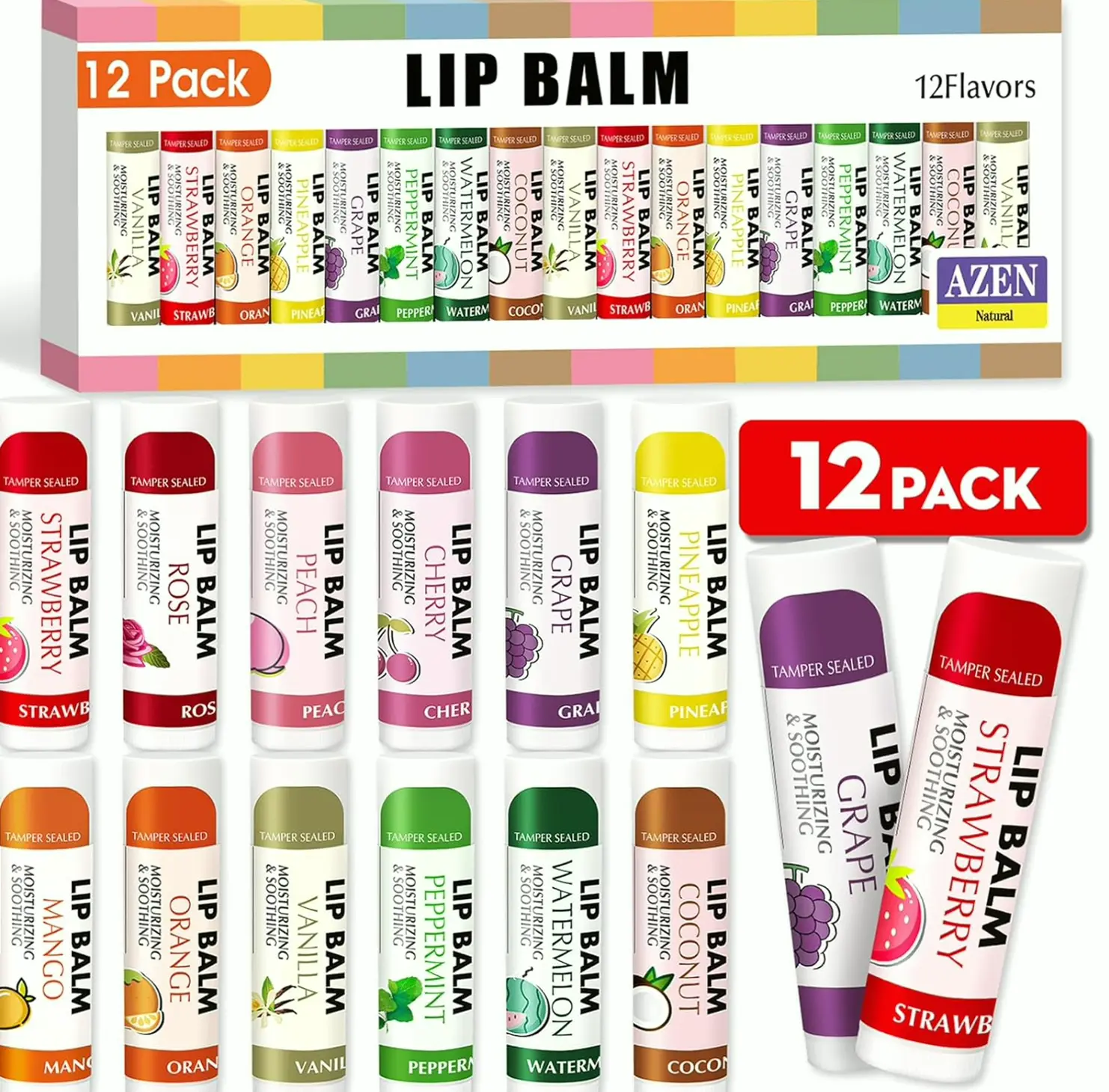 AZEN 12 Pack Lip Balm, Natural Bulk Lip Care, Hydrating Lip Balm for Dry Lips