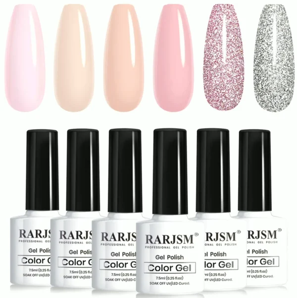 Nude Gel Lacquer Kit: 6 Translucent Shades with Silver Pink Sparkle - 7.5ml
