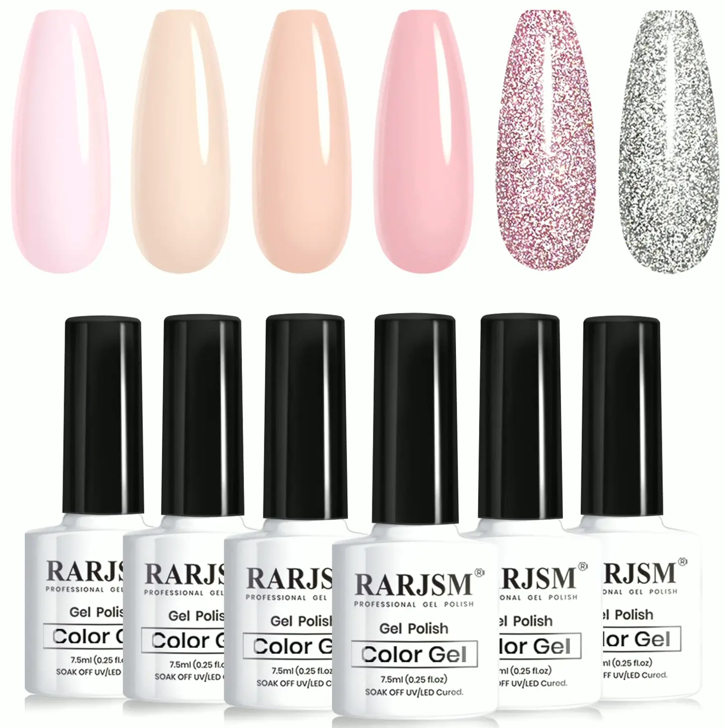 Nude Gel Lacquer Kit: 6 Translucent Shades with Silver Pink Sparkle - 7.5ml