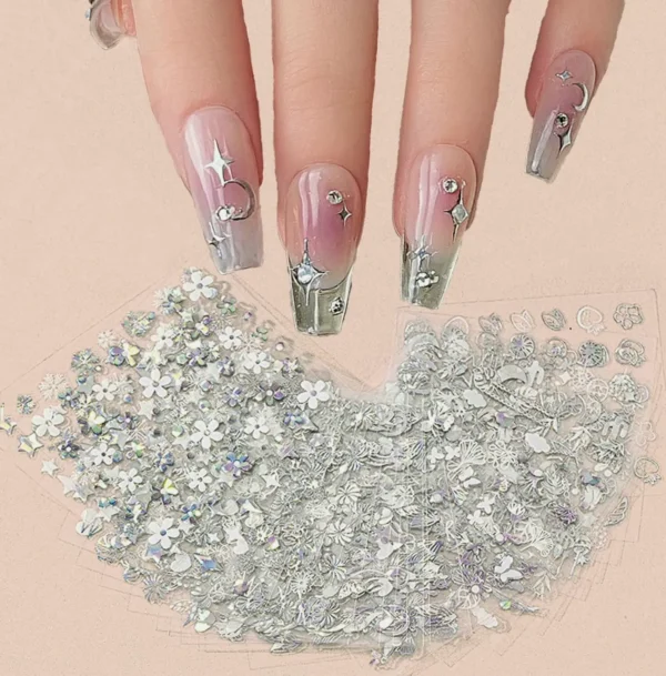 Thirty Sheet Silver Nail Decals Iridescent Holographic 3D Designs