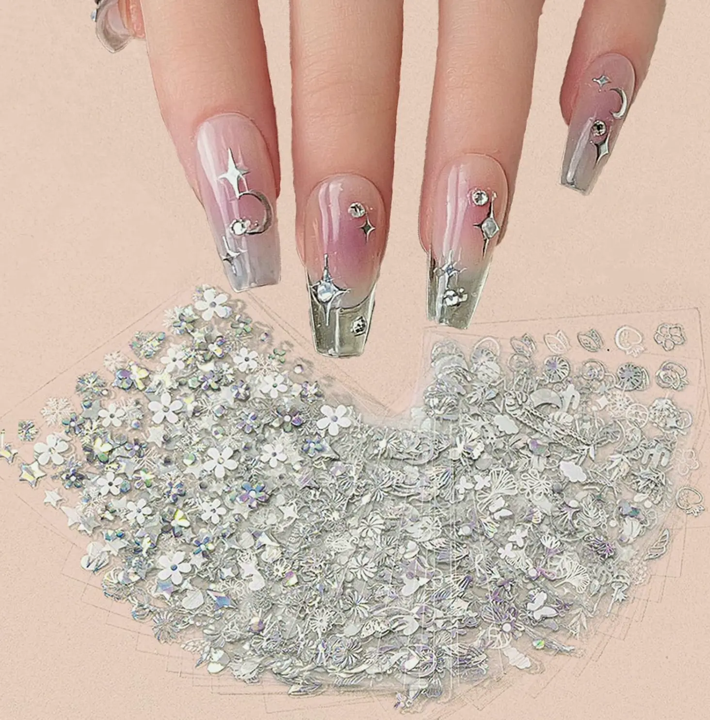 Thirty Sheet Silver Nail Decals Iridescent Holographic 3D Designs