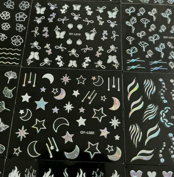 Thirty Sheet Silver Nail Decals Iridescent Holographic 3D Designs